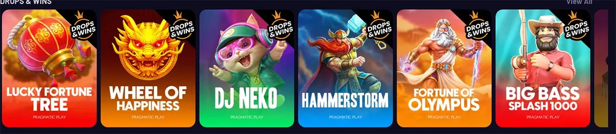 Drops & Wins’ slots: Lucky Fortune Tree, Wheel of Happiness, DJ Neko, Hammerstorm, Fortune of Olympus, and Big Bass Splash 1000.