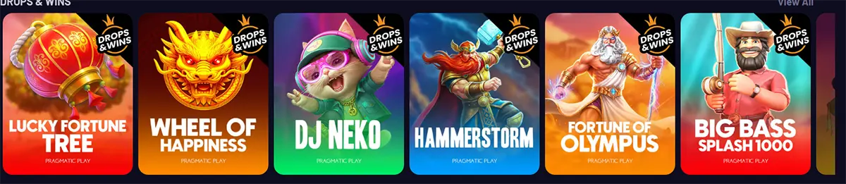 Drops & Wins’ slots: Lucky Fortune Tree, Wheel of Happiness, DJ Neko, Hammerstorm, Fortune of Olympus, and Big Bass Splash 1000.