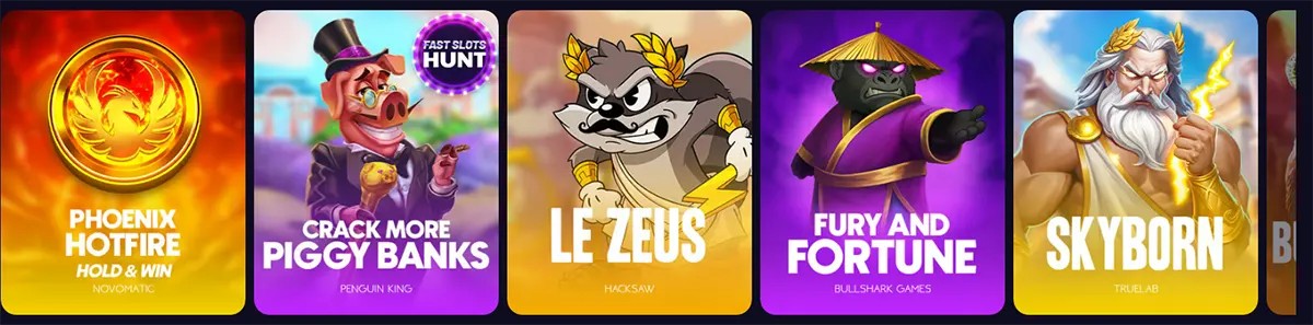 Featured slots row showing Phoenix Hotfire, Crack More Piggy Banks, Le Zeus, Fury and Fortune, and Skyborn game tiles.
