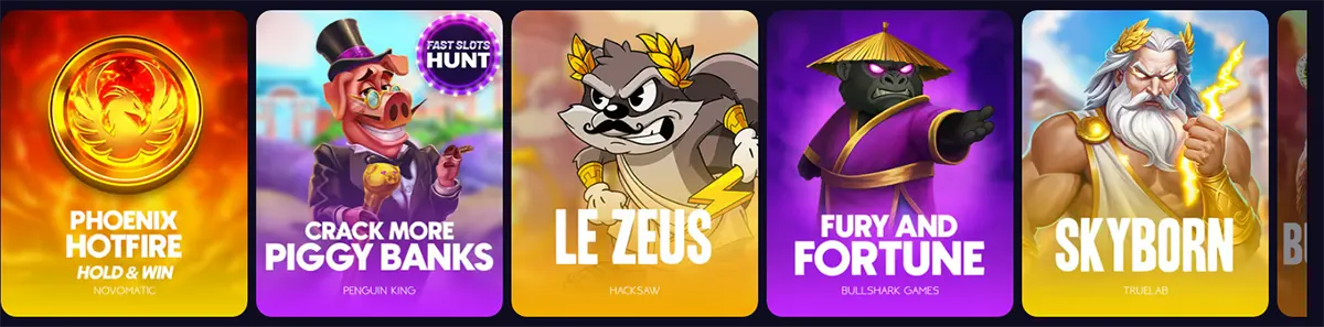 Featured slots row showing Phoenix Hotfire, Crack More Piggy Banks, Le Zeus, Fury and Fortune, and Skyborn game tiles.