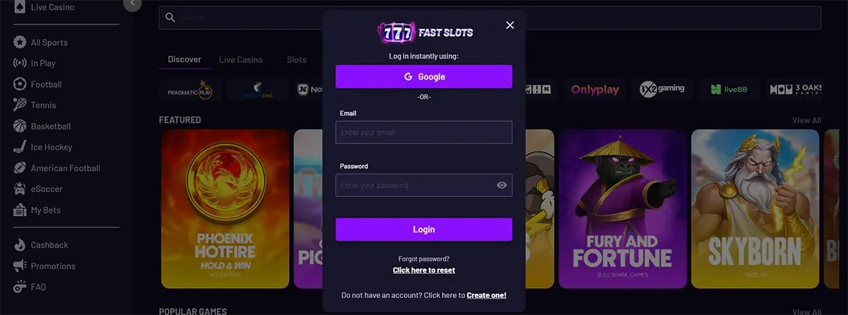 Dark casino lobby screenshot with a centered ‘777 Fast Slots’ login pop-up showing a Google login button, email and password fields, a purple ‘Login’ button, and links for password reset and creating an account.