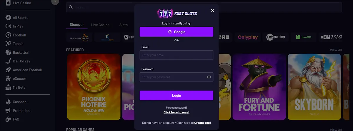 Dark casino lobby screenshot with a centered ‘777 Fast Slots’ login pop-up showing a Google login button, email and password fields, a purple ‘Login’ button, and links for password reset and creating an account.